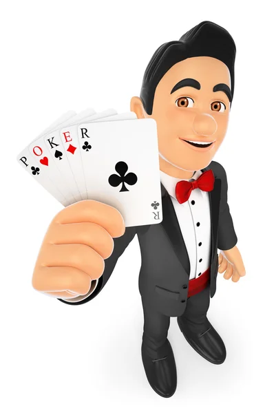 Poker kartları ile 3D smokin adam — Stok fotoğraf