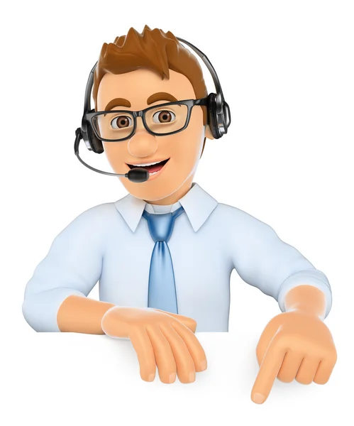 3D Call center worker pointing down. Blank space — Stock Photo, Image