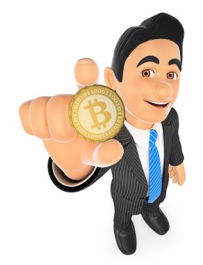 3d İşadamı bir bitcoin gösteren