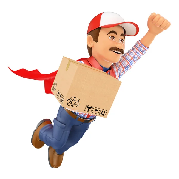 3D Super Delivery man with a box — Stock Photo, Image