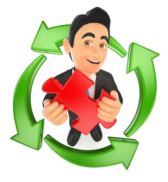 3D Businessman with a puzzle piece and green arrows around. Reus — Stock Photo, Image