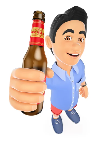 3D-jonge man in korte broek met een flesje bier — Stockfoto