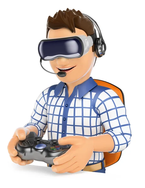 3D Young gamer playing with virtual reality glasses. VR — Stock Photo, Image