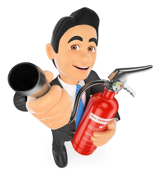 3D Businessman with a fire extinguisher. Occupational risk preve — Stock Photo, Image