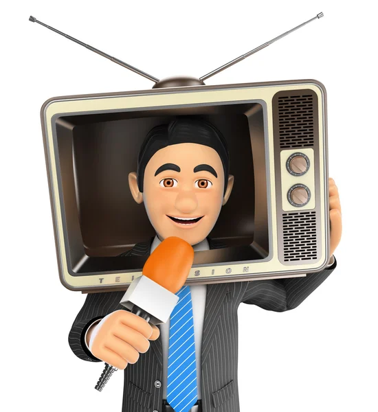 3D-verslaggever met een vintage televisie in het hoofd en microfoon — Stockfoto