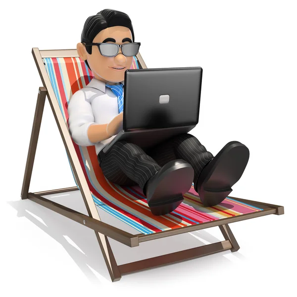 3D-zakenman in het strand met zijn laptop werkt — Stockfoto