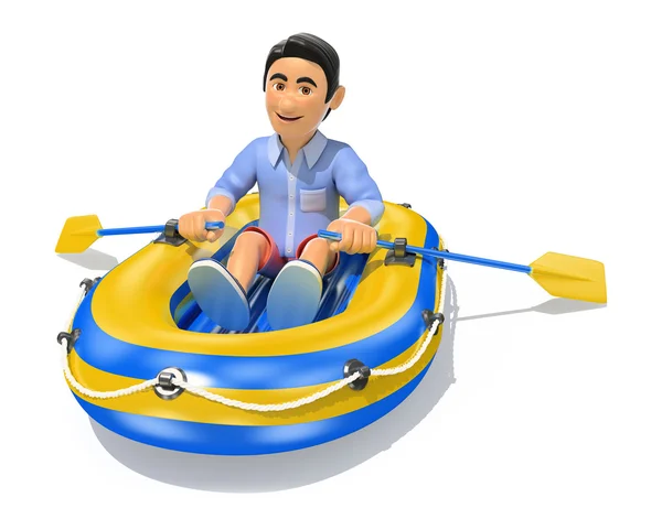 3D Young man in shorts paddling a inflatable boat — Stock Photo, Image