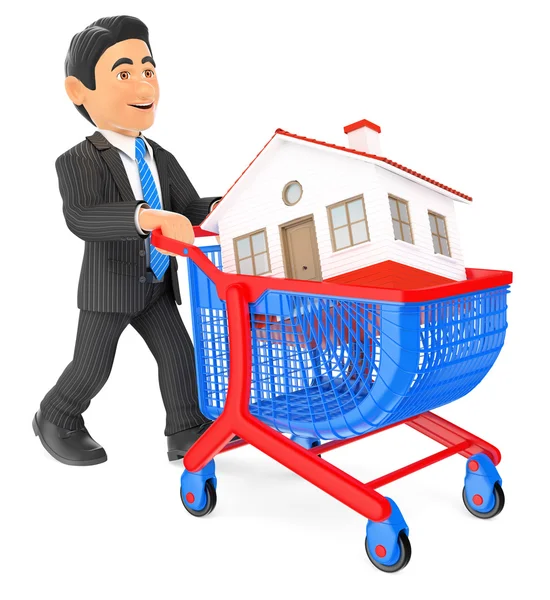 3D Businessman spingendo un carrello della spesa con una casa. Immobili — Foto Stock
