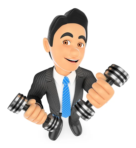 Empresario 3D haciendo ejercicio con dos pesas fitness. Superación — Foto de Stock