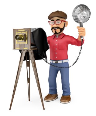 3d fotoğrafçı bir vintage fotoğraf makinesi ile fotoğraf çekme