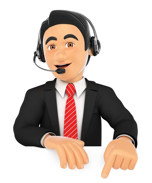 3D Call center employee pointing down. Blank space — Stock Photo, Image