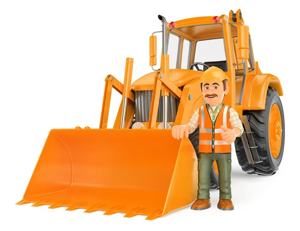 3D Construction worker with a backhoe — Stock Photo, Image