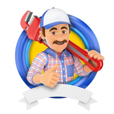 3D Logo. Plumber with pipe wrench clipart