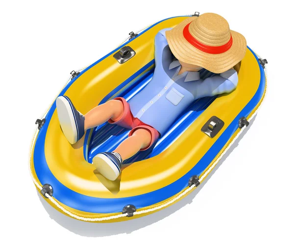3D Hombre en pantalones cortos durmiendo en un barco inflable — Foto de Stock