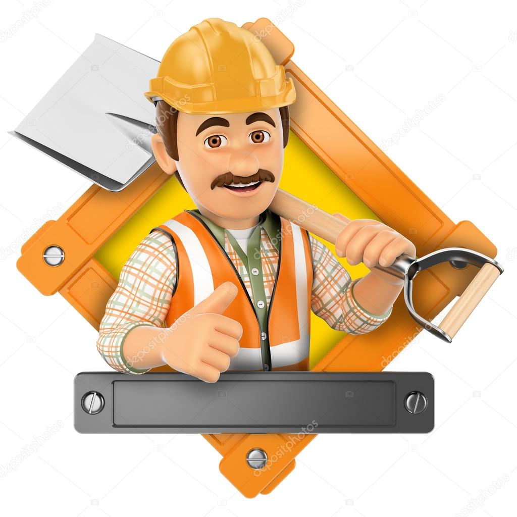 3d logo illustration. Worker with shovel. Isolated white background.