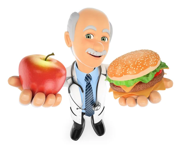 3d doktor bir elma ve bir hamburger arasında seçim yapma — Stok fotoğraf