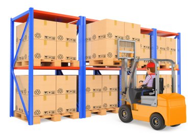 3d işçi forklift depoda sürüş