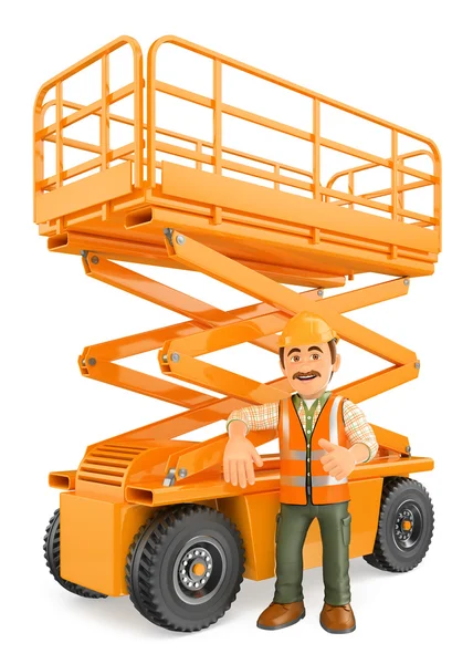 3D Construction worker with a scissor lift — Stock Photo, Image