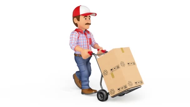 3D Animation footage delivery man pushing a hand truck with boxes with white background photo-jpg — Stock Video