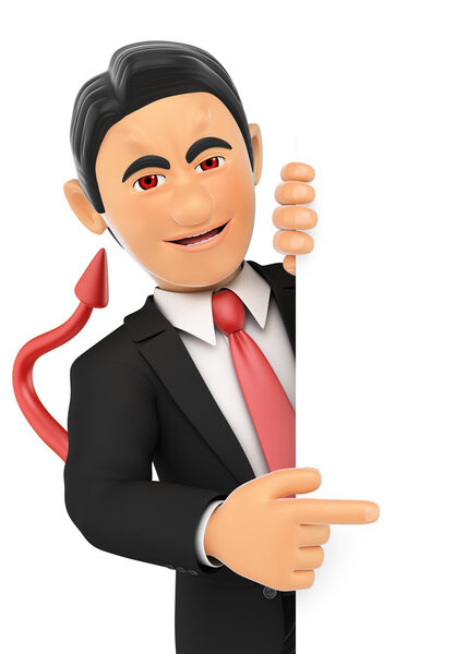 3D Смешной монстр. Дьявол указывает в сторону. Пустое место. Хэллоуин
