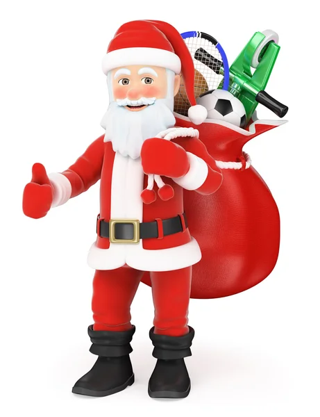 3D Papai Noel com um saco cheio de brinquedos e polegar para cima — Fotografia de Stock