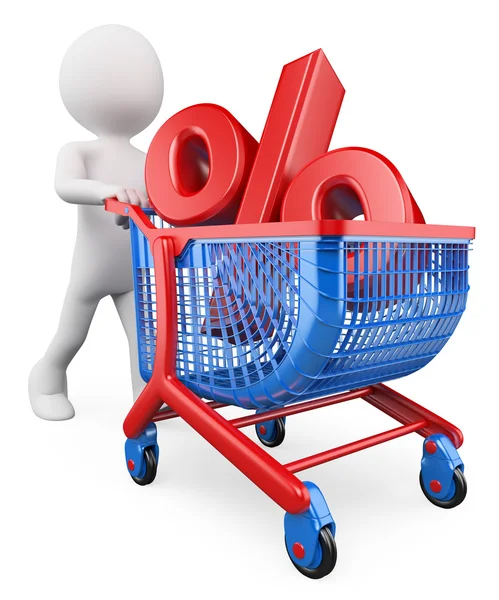 3D white people. Percent rate trolley concept. Discount — Stock Photo, Image
