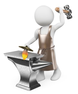 3D beyaz insanlar. bir kılıç dövme demirci