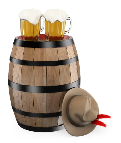 3D oktoberfest. βαρέλι. κούπα της μπύρας. παραδοσιακό καπέλο — Φωτογραφία Αρχείου