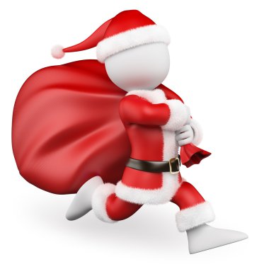 3D beyaz insanlar. Noel Baba hediye dolu büyük çanta ile çalışan