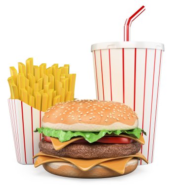 patates kızartması ve içki ile 3D hamburger