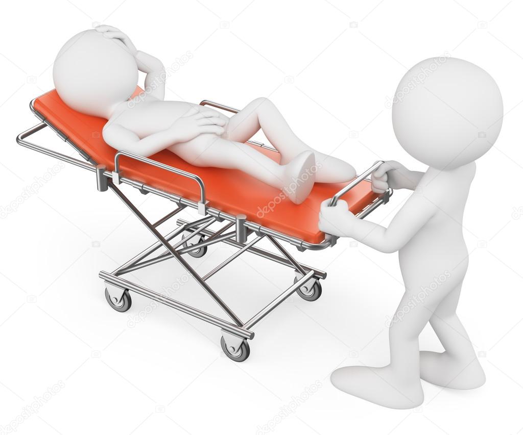 3D white people. Nurse carrying a patient on a stretcher
