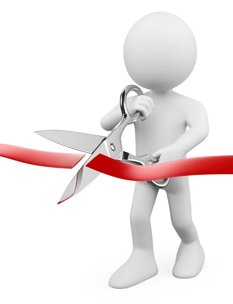 3D white people. Man with scissors cutting red ribbon — Stock Photo, Image