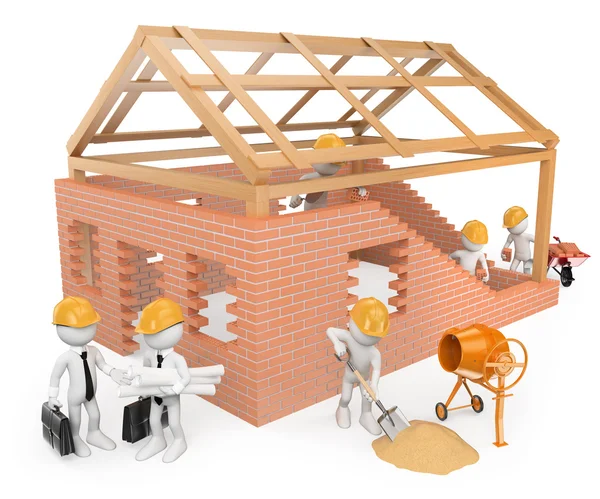 Os brancos 3D. Trabalhadores da construção civil construindo uma casa — Fotografia de Stock