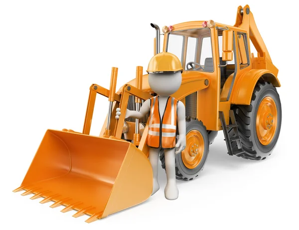 3D-witte mensen. Werknemer met een backhoe loader. Digger — Stockfoto