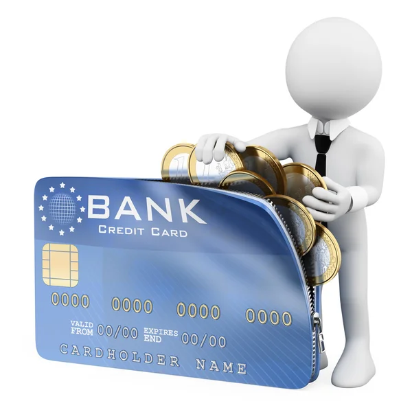 Gente blanca en 3D. Hombre abriendo una tarjeta de crédito llena de monedas de euro — Foto de Stock