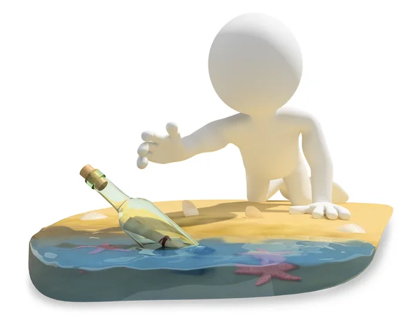 3D white people. Message in a bottle on the beach — Stock Photo, Image