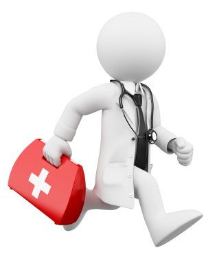 3D beyaz insanlar. Bir ilk yardım kiti ile çalışan doktor