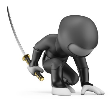 3D beyaz insanlar. Bir katana ile çömelme ninja