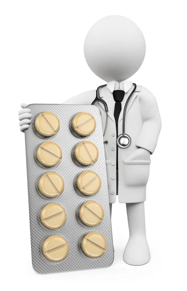 3D white people. Doctor with a pills blister — Stock Photo, Image