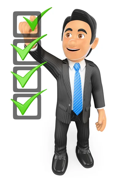 3D-zakenman vullen een checklist — Stockfoto