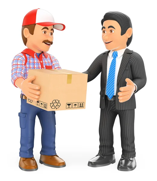 Entrega Courier 3D homem entregando um pacote para um homem de negócios — Fotografia de Stock