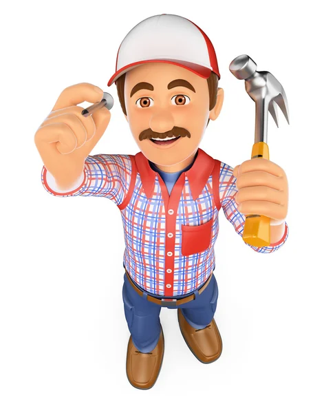 3D Handyman hammering a nail with a hammer — Stock Photo, Image