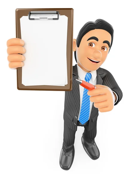 3D Businessman with blank clipboard and a pen — Stock Photo, Image