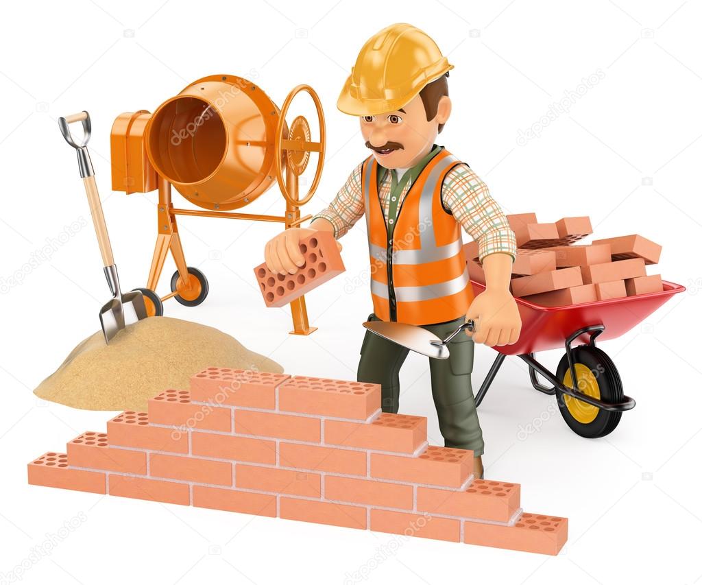 3D Construction worker building a brick wall