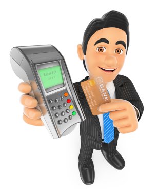 3d işadamı terminal bir bankada kredi kartıyla ödeme