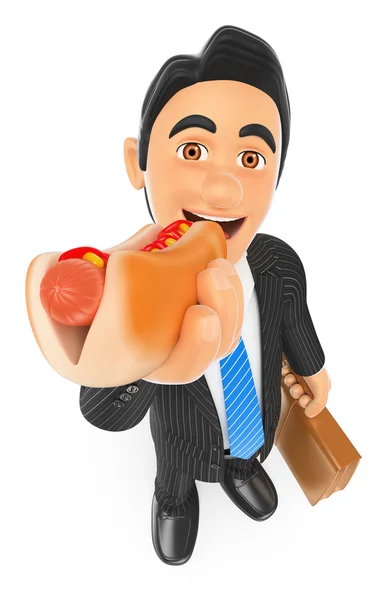 3D-zakenman eten van een hotdog — Stockfoto