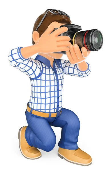 Fotografo 3D inginocchiato con la sua fotocamera reflex — Foto Stock