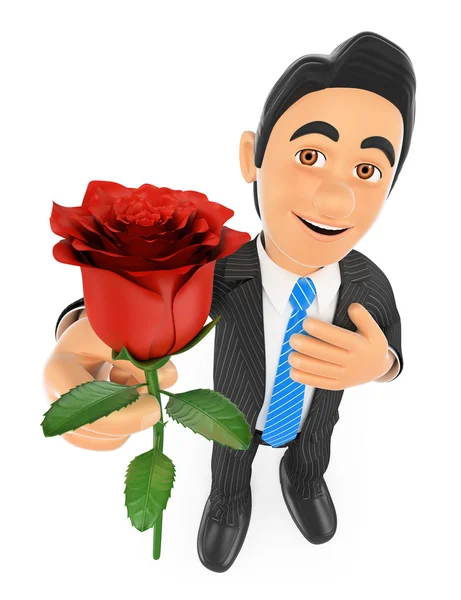 3D Empresario dando una rosa roja con la mano en el corazón. Amor cóncavo —  Fotos de Stock