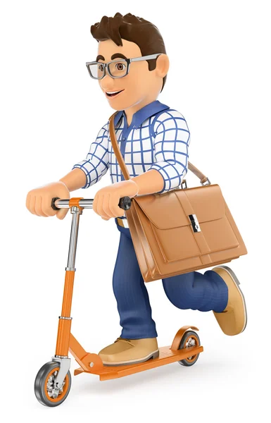 3D Young man going to work on a kick scooter — Stock Photo, Image