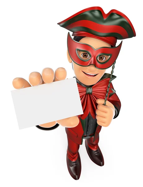 3D Man with a carnival costume showing a blank card — Stock Photo, Image